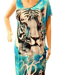 KRIZIA turquoise tiger print short asymmetrical sleeve women’s small dress